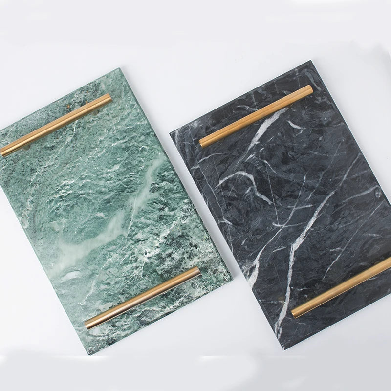 Luxury Home Decorative Rectangle Marble Display Tray Marble Look Food Serving Trays With Gold Handles