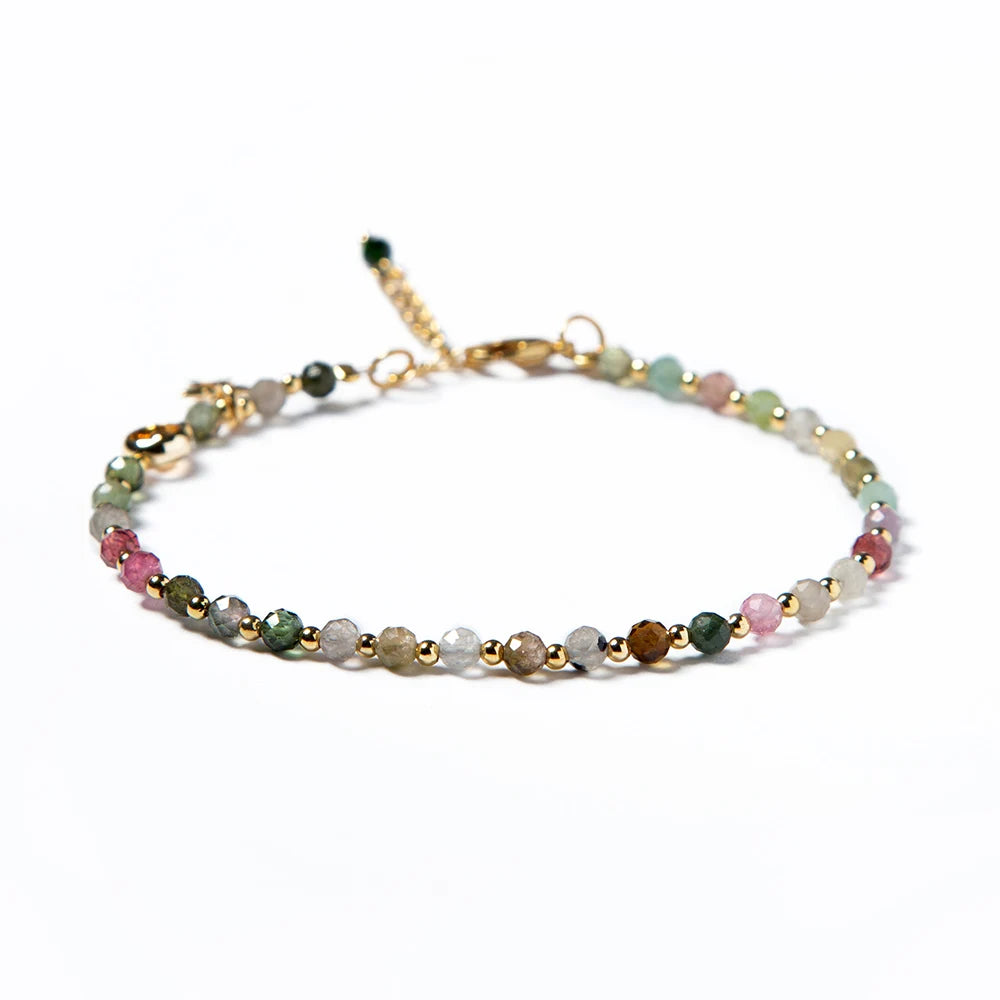 Fashion Jewelry 3mm Natural Stone Bracelet Colorful Tourmaline Bracelet with Real Gold Spacers for Ladies