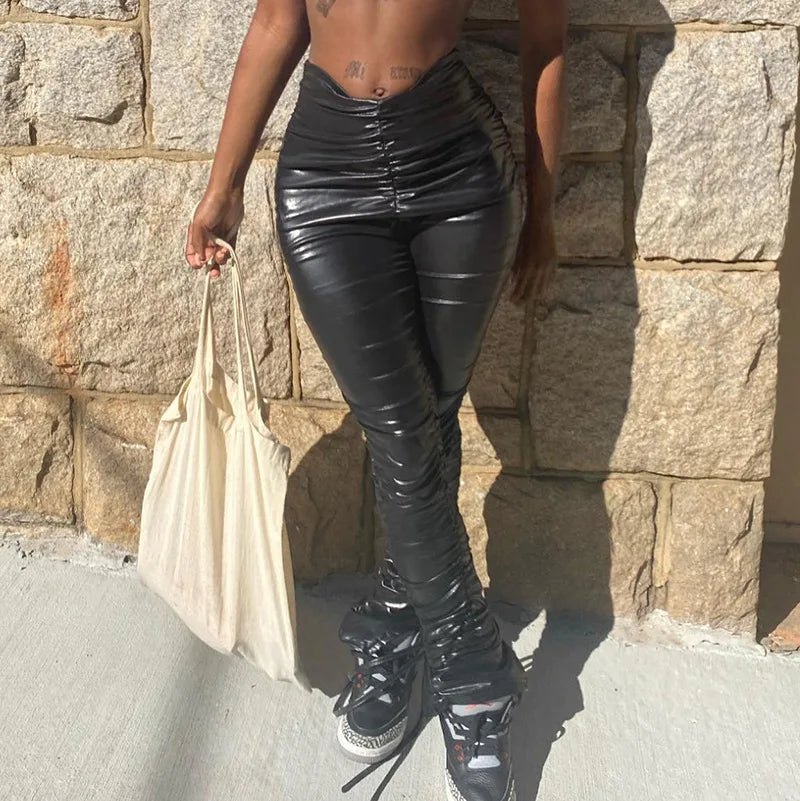 PU Leather Stacked Women's Pants & Trousers Casual Leather Trousers Pants Fall Winter Clothes for Women