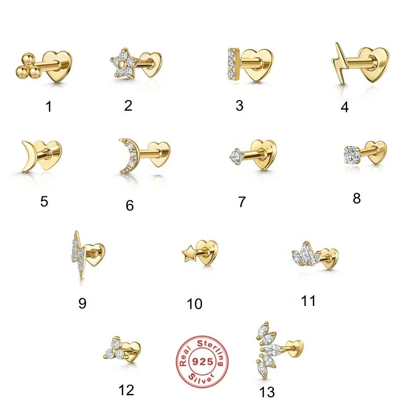 Gaby Body Piercing Jewelry Sterling 925 Plated Gold 18k Heart Flat Back Silver Internal Thread Helix Tragus Lip Labret Earring