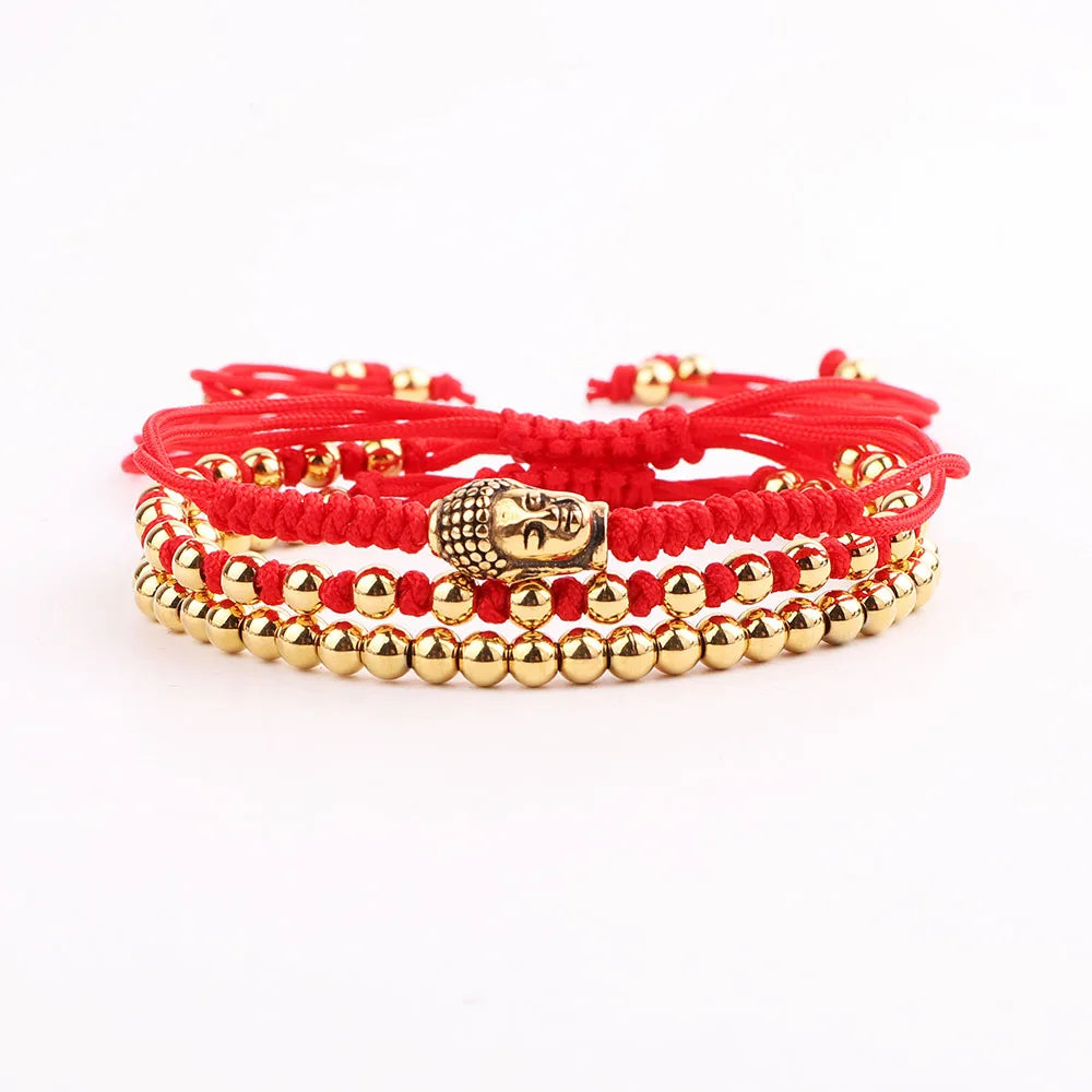 Waterproof Stainless Steel Beads Buddha Handmade Red Cord Lucky Macrame Friendship Adjustable Bracelet Set Men Women