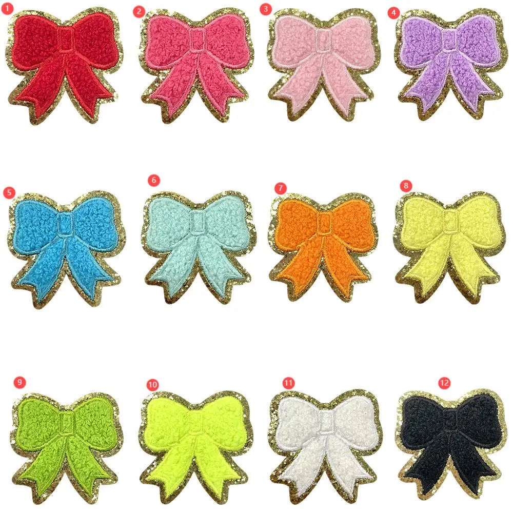 6cm Eco-Friendly Iron-On Embroidered Colorful Chenille Bowknot Fabric Patches for Hats