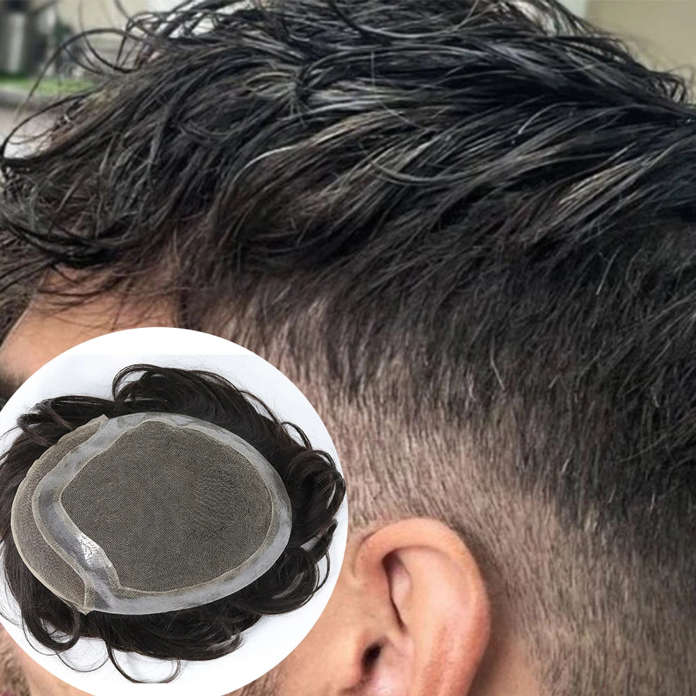 High Quality Hand the Needle Silicone Point Non-slip   Lace Toupee Human Hair Toupee System Men INDIAN Style