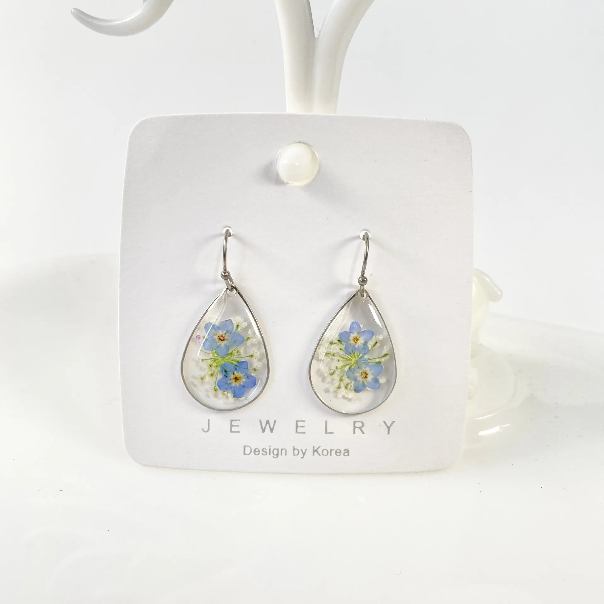 Natural Lover Jewelry Stainless Steel Hook Water Drop Beautiful Resin Dried Flowers Earrings for Women