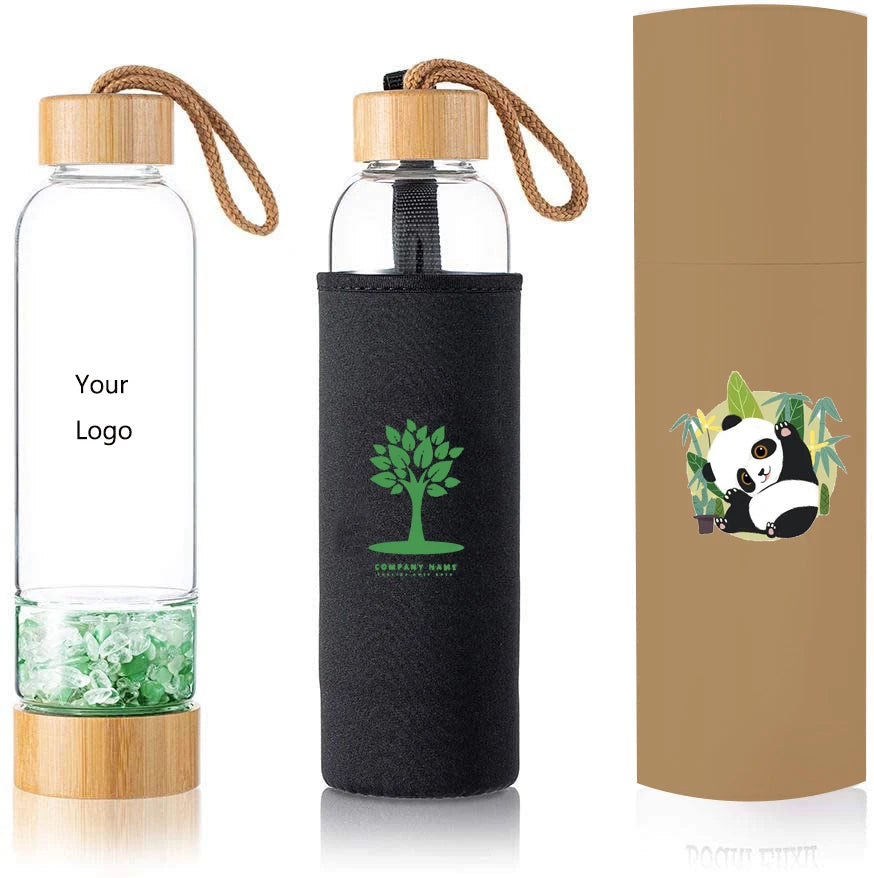 Borosilicate Glass Gemstone Crystal Water Bottle with Bamboo Lid
