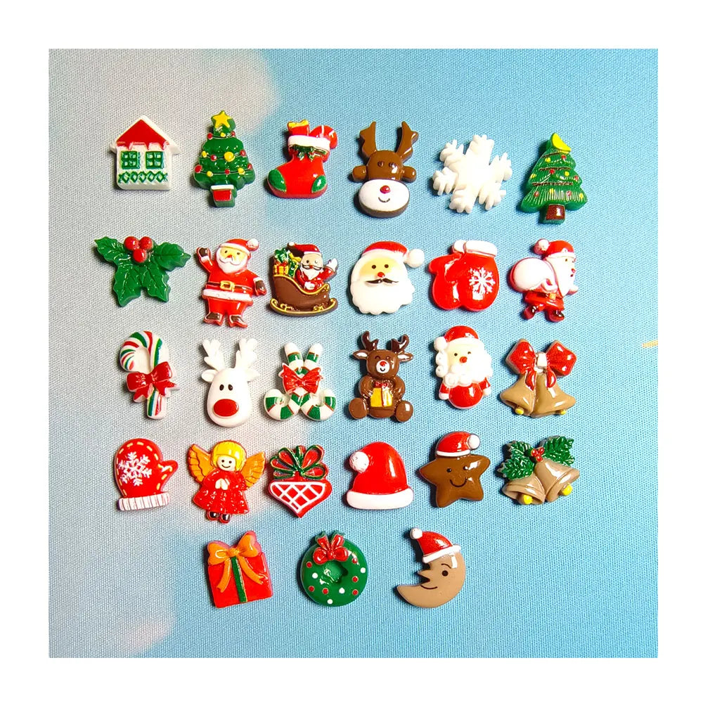 100Pcs Mini Christmas Theme Flatback Resin Cabochons Elk Snowflake Candy Cane Xmas Tree Embellishments Crafts