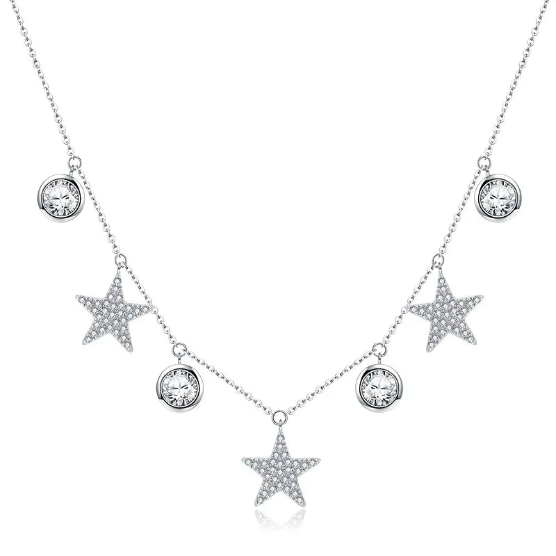 100% Real 925 Sterling Silver Drop Round Cz Star Charm Pendant Necklace for Women Wedding Gift Choker Layer Short Jewelry