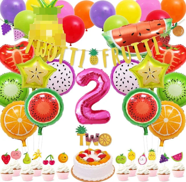 Twotti Frutti Fruit Foil Helium Balloons Toy and Happy Birthday Flags Two Cake Cupcake Toppers for Kids 2nd Birthday Party Decor