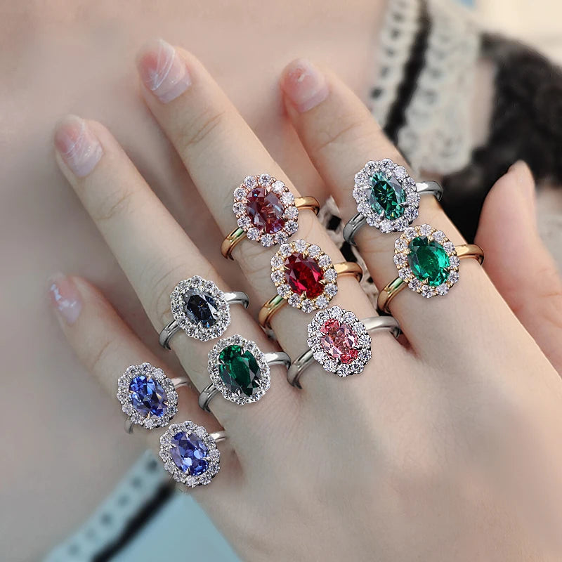 Starsgem Oval Cut Luxury Wedding Rings S925 10k 14k Gold Lab Grown Colorful Diamonds Round halo Engagement Ring