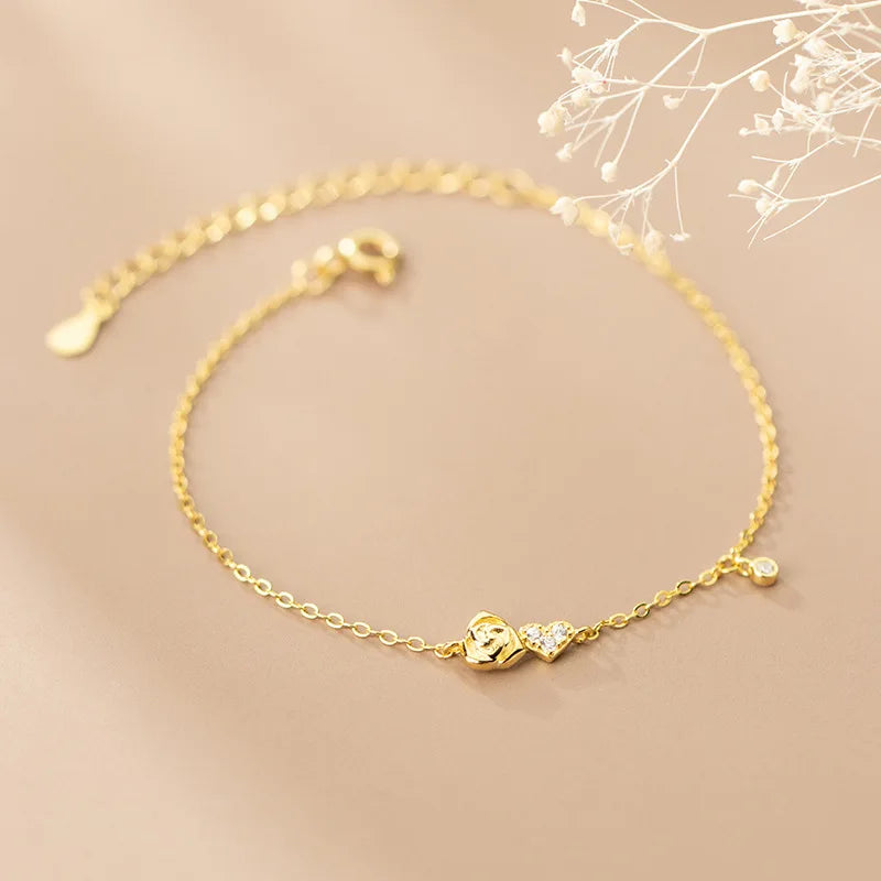 American European 925 Sterling Silver Romantic Rose love Heart Zircon Gold Plated Bracelets for Women Valentine's Day