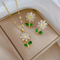 316L Stainless Steel Chain Crystal Flower Pendant Necklace Earrings Daisy Flower Necklace for Women Girl Jewelry Set