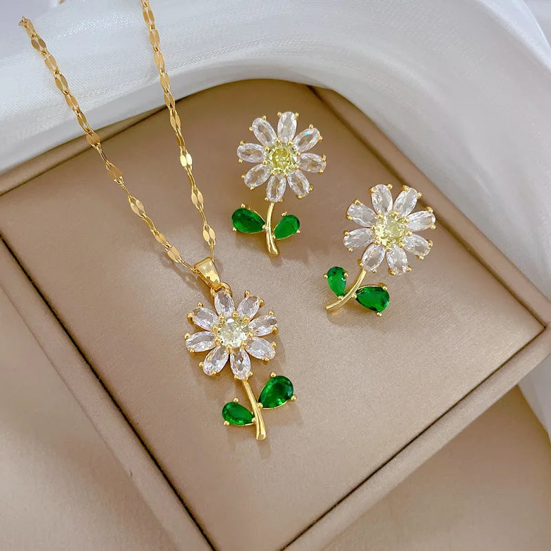 316L Stainless Steel Chain Crystal Flower Pendant Necklace Earrings Daisy Flower Necklace for Women Girl Jewelry Set
