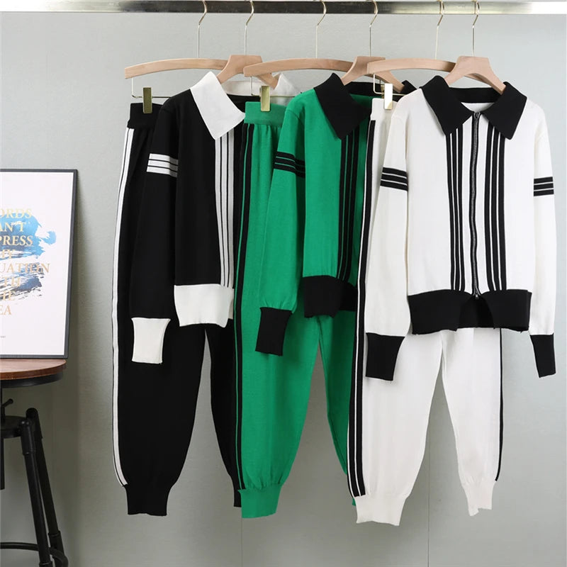 Boutique Wholesale 2025 Autumn Fashion POLO Collar Color Block Knitted Cardigan Temperament Aging Women's Set