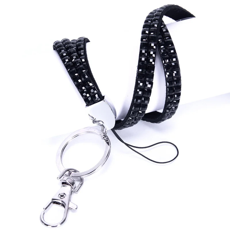 Cheap OEM Anti Loss Black Round Bling Beaded Crystal Rhinestone Silk Screen Printing Phone Chain case Neck Lanyard with Key Ring