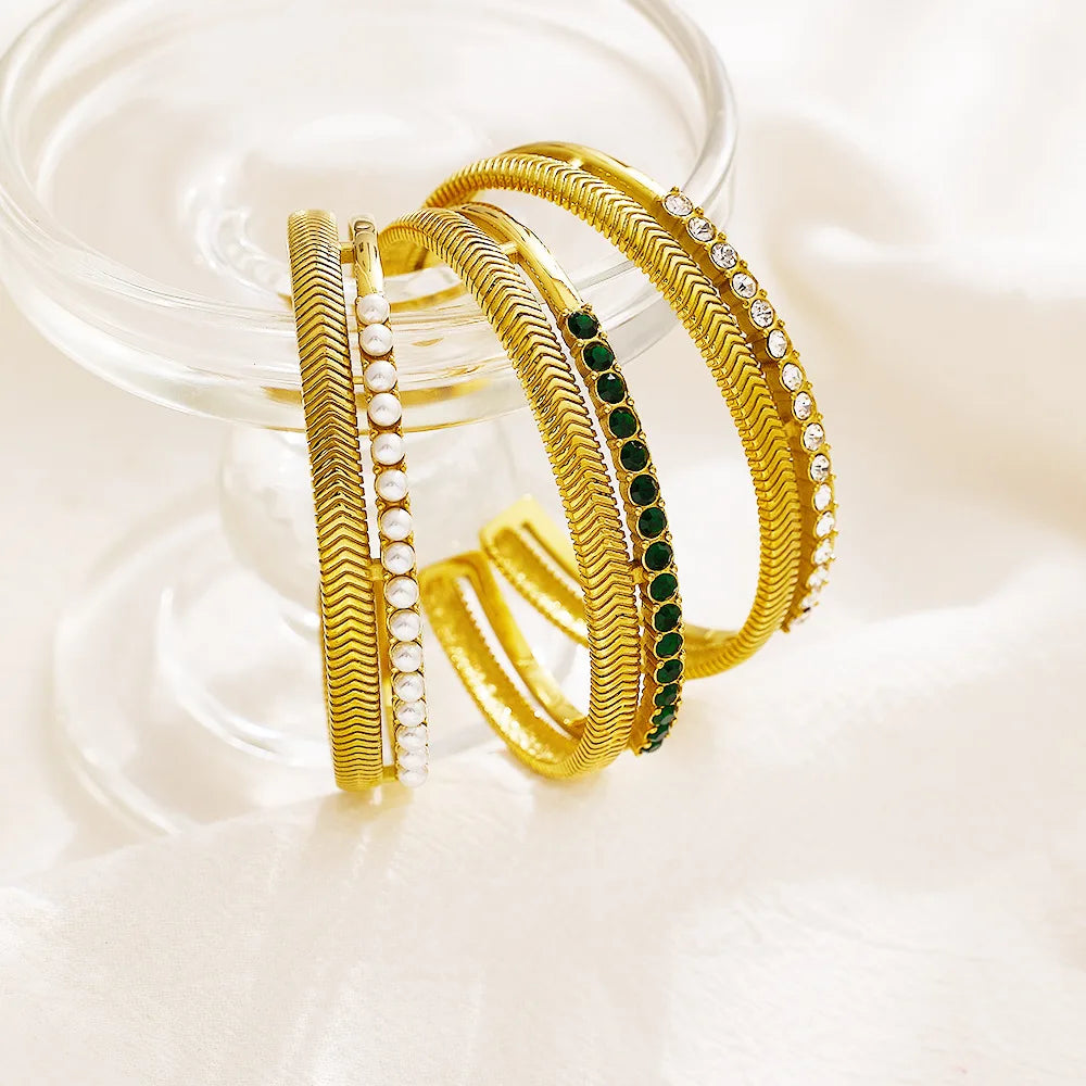 Beimai OEM Bangle 18k Gold Plated Stainless Steel Zircon Double Layer Open Pearl Titanium Steel Women Bangle