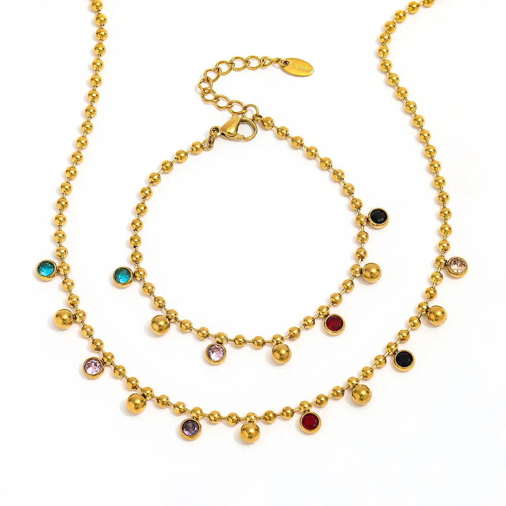 Joolim 18K Gold Plated Colorful Glass Stone Tassel Pendant Bead Chain Necklace Stainless Steel Jewelry Wholesale Bracelet Set