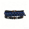Ilona 3Pcs Braided Leather Wrap Mens Bracelet Set Black Onyx Snow Jasper Wood Bead Adjustable Drawstring Boho Men Jewelry