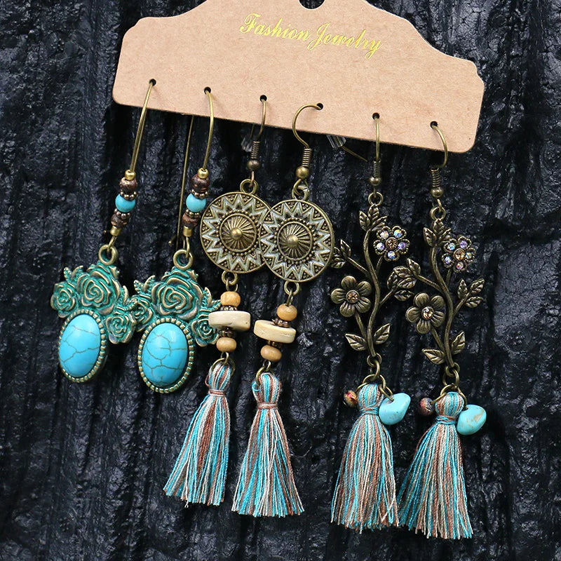 Vintage Bohemian Antique Hollow Geometric Ethnic Retro Big Round Dangle Women's Earrings Set 3-Pair Turquoise Eco-Friendly