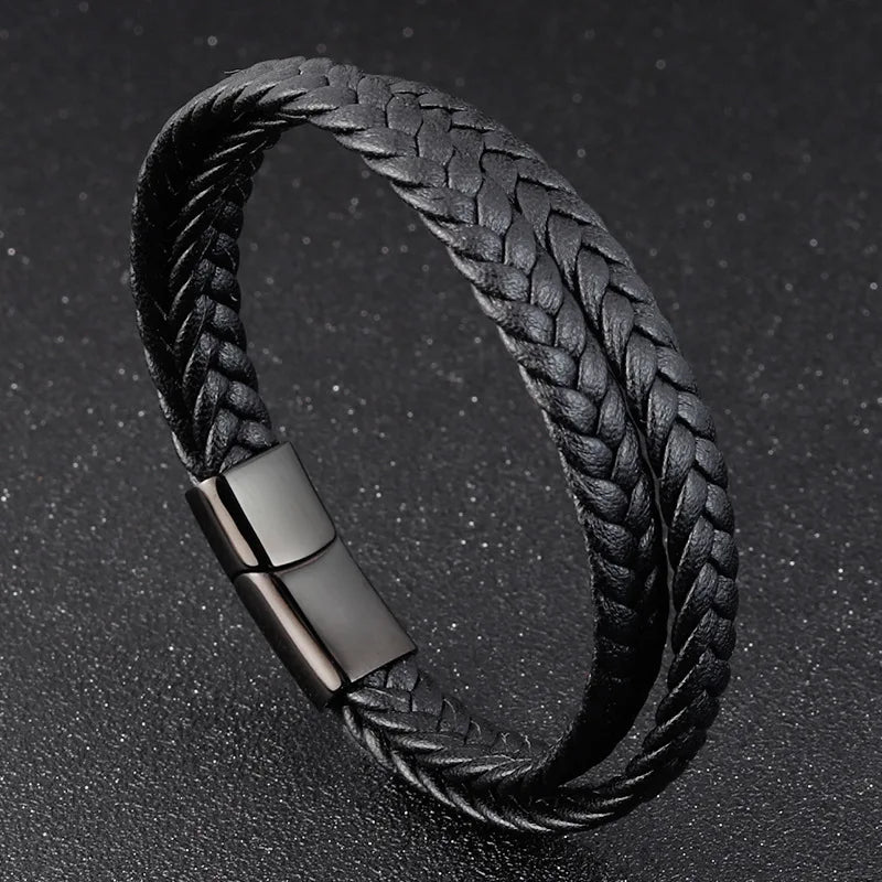Newest Stainless Steel Magnetic Clasp Black Double Layer Braided Genuine Leather Trendy Gift Bracelet for Men