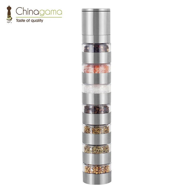Novelty Kitchen Utensils Spice Salt and Pepper Mill Grinder Set with 7 Jars Colorful Spice Mills Customized Logo Accept