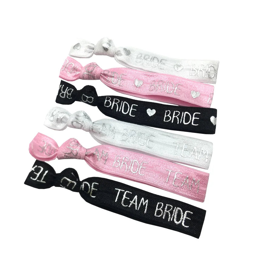 200pcs Silver Foil Team Bride Printed Elastic Hair Band Wholesale Bride Wedding Hair Ties Bracelet Wristband Ponytail Holder
