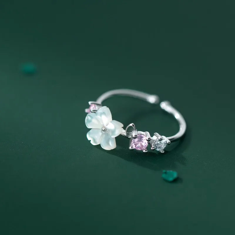 925 Sterling Silver Shell Flower Ring Adjustable Open Pink Zircon Finger Knuckle Rings Fashion Jewelry for Women