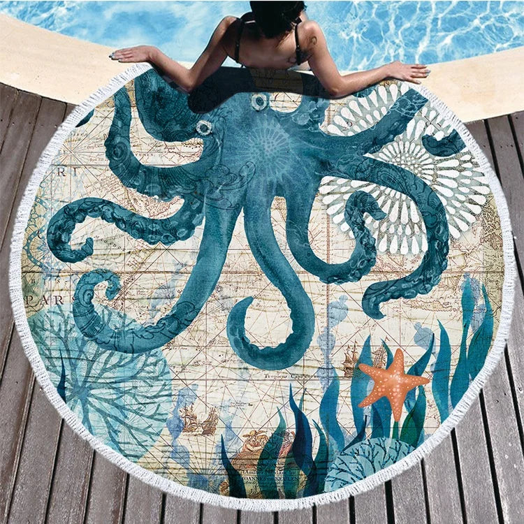 60" Vintage Art Decor Ocean Series Microfibre Fringed Round Beach Towel Absorbent Blanket Tapestries Mediation Yoga Mat