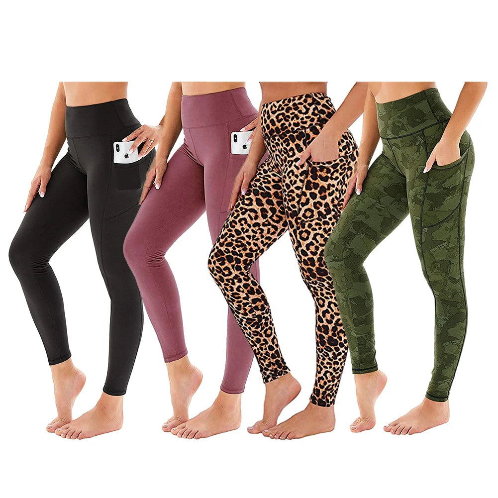 Women High Waisted Washed Print Leggings 4 Way Stretch Elastic Waist Tummy Control Plus Size Yoga Pants with Pockets