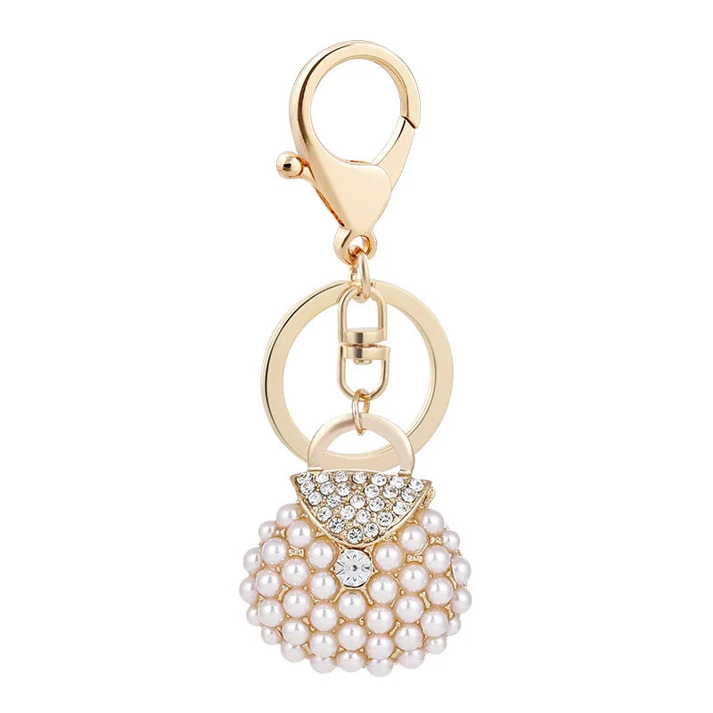 Cute Rhinestone Crystal Bag Keychain Accessories Freshwater Pearl Handbag Shaped Key Chain for Girls Gift