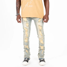 Custom Vintage Style Ripped Washed Blue Flared Stacked Jeans Denim for Men