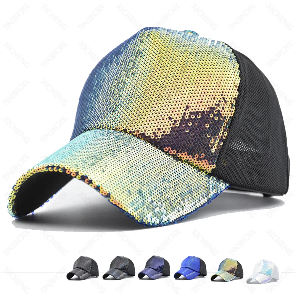 Wholesale 5 Panel Custom Logo Snapback Baseball Caps 100% Polyester Sequin Front Mesh Adjustable