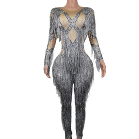 Sexy Long Sleeves Spandex Rompers Stage Performance Dance Wear Club Bodysuits Women Leotard Tassel Rhinestone Bodycon Jumpsuit