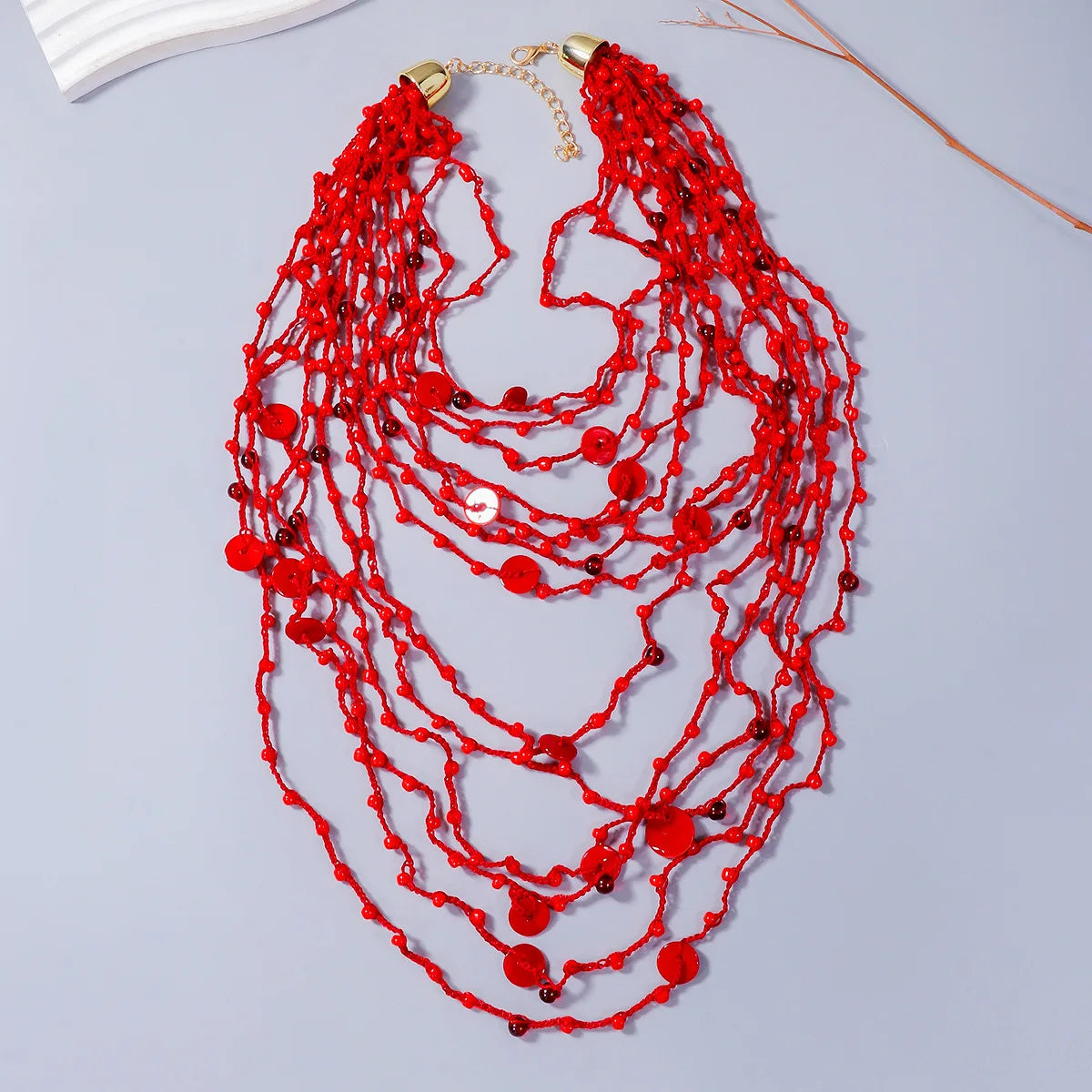 KAIMEI 2025 New Arrival Fashion Jewelry Summer New Multi Layer Handmade Rice Bead Necklace Set Red Layered Long Beaded Necklaces