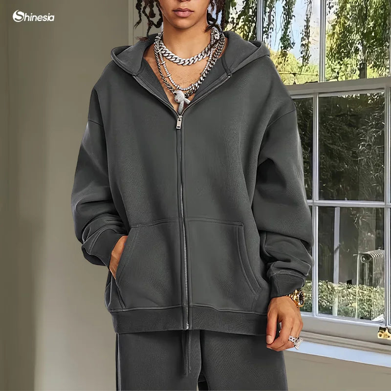 Men Winter Vintage Breathable Oversized Zipper Tracksuit Sweatsuit Unisex Drop Shoulder 100% Cotton 380G Knitted Distressed