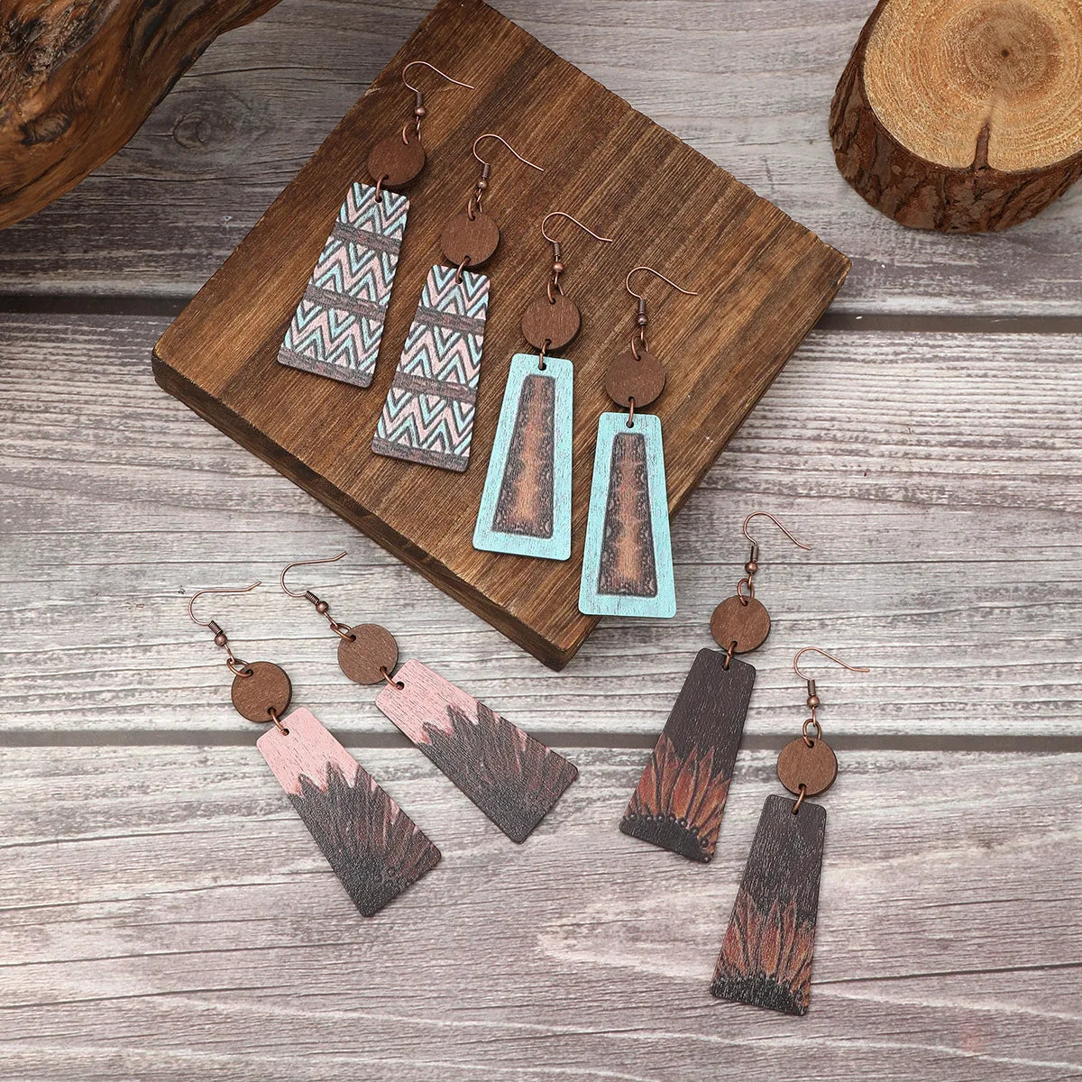 Western Style Sunflower Wooden Earrings Vintage Round Wood Piece Pendant Earrings for Women Wholesale
