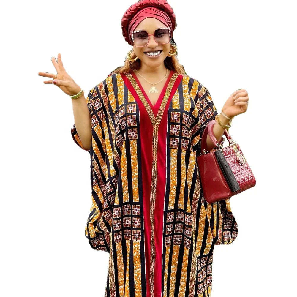Special Counter Maxi African Dresses Rhinestone v Neck Women Dress batwing Sleeve African Style Clothing