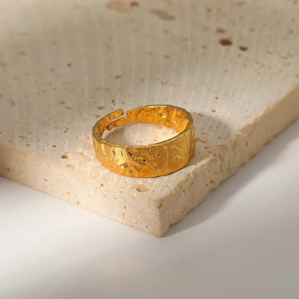 Beautiful Tinfoil Pleated Surface 18k Gold Stainless Steel Wide Faced Open Ring Women Couple Rings
