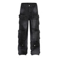 Straight Leg Jeans Vintage Washed Multiple Pockets Label Multiple Buttons Cleanfit Baggies Jeans for Boys