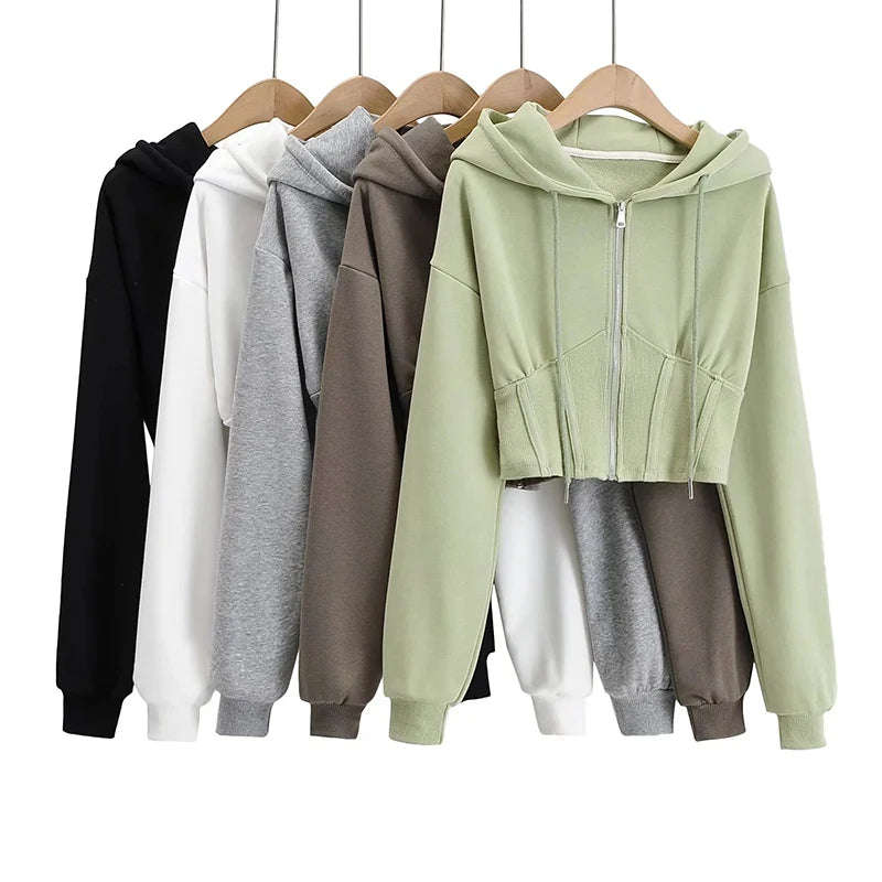 Custom Spring Autumn Clothing Women Sports Zipper Crop Sweater Sweatshirt Zip up Cropped Oversized Hoodies With Logo