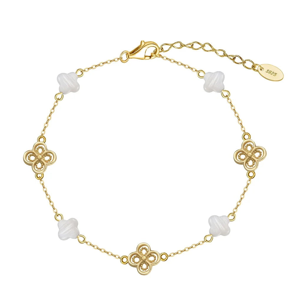 Rinntin GMB67 Four Leaf Clover Charm Jewellery 925 Sterling Silver Charm Shell Pearl Bracelet 14K Gold Plated Jewelry for Women