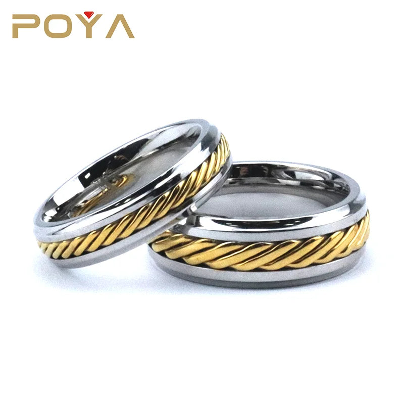 Simple Style Gold Brass Cables Inlay Steped Matching Titanium Couple Ring for Men Women