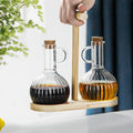 Factories Make Set of 2 Borosilicate Vinegar and Oil Jugs With Wooden Base and Cork Stopper and Conical