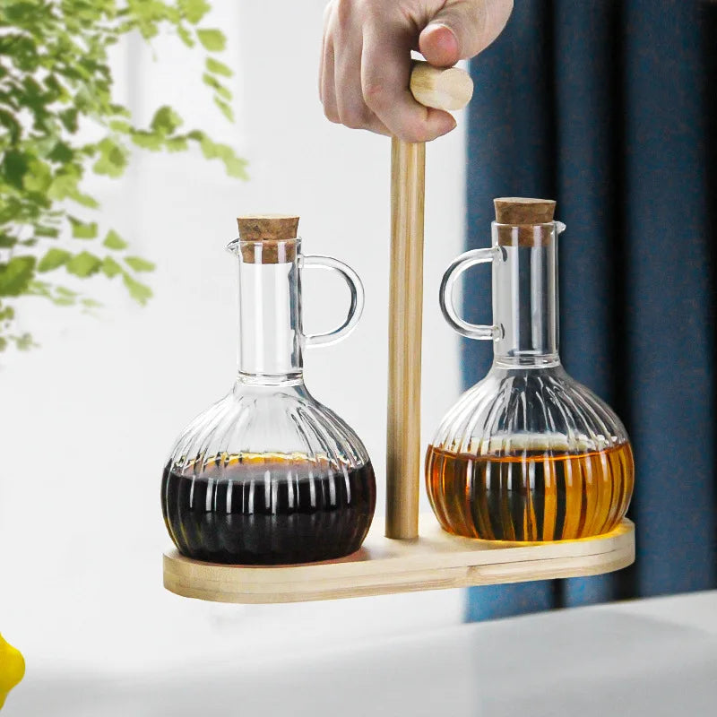 Factories Make Set of 2 Borosilicate Vinegar and Oil Jugs With Wooden Base and Cork Stopper and Conical