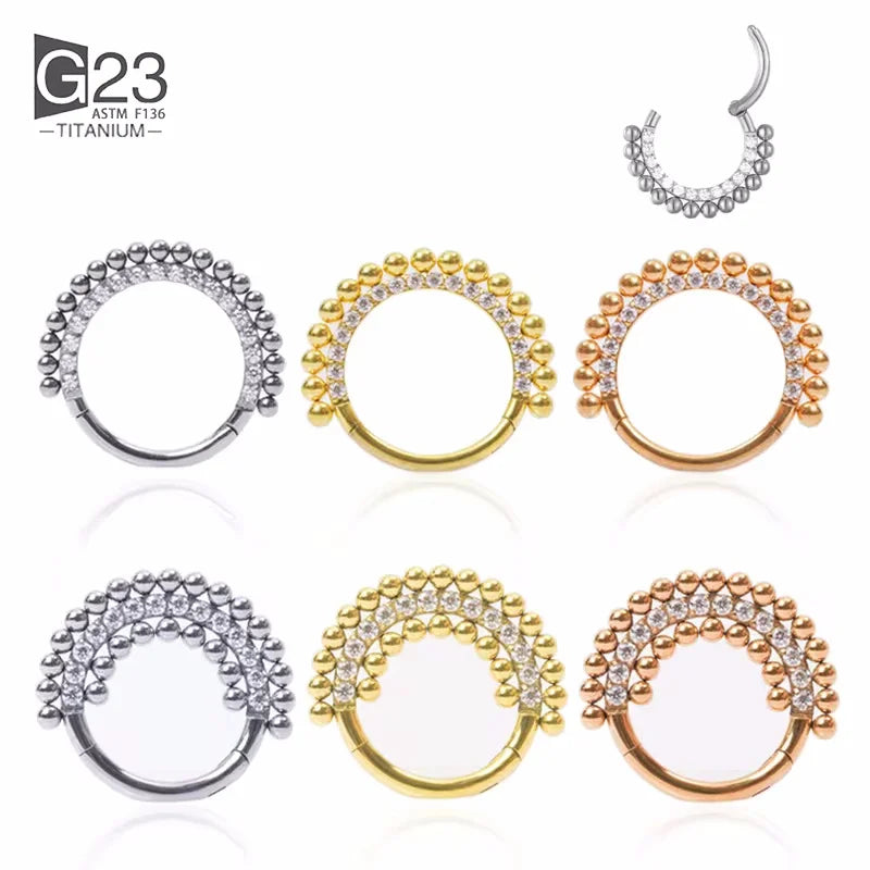ASTM F136 Titanium Earrings Bead Septum Clicker Hoop Stud Hinged Segment Zircon Nose Ring Wedding Piercing Jewelry Orthodox Gold