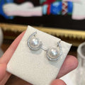 New Micro Set Zircon Stud Earrings 8-9MM AAAA Grade Natural Freshwater White Pearl Trendy Brass Anti Allergy Earrings