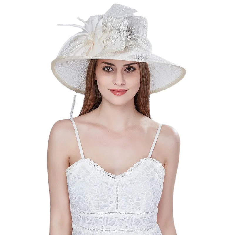 New Ready to Ship Fashion Women Sun Wide Brim Kentucky Derby Sinamay Church Hat White Party Hat with Mesh Feather