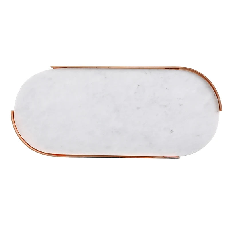 New Design Fashion Marble Stone Gold Metal Handle Decorative Serving Tray Marble Storage Tray