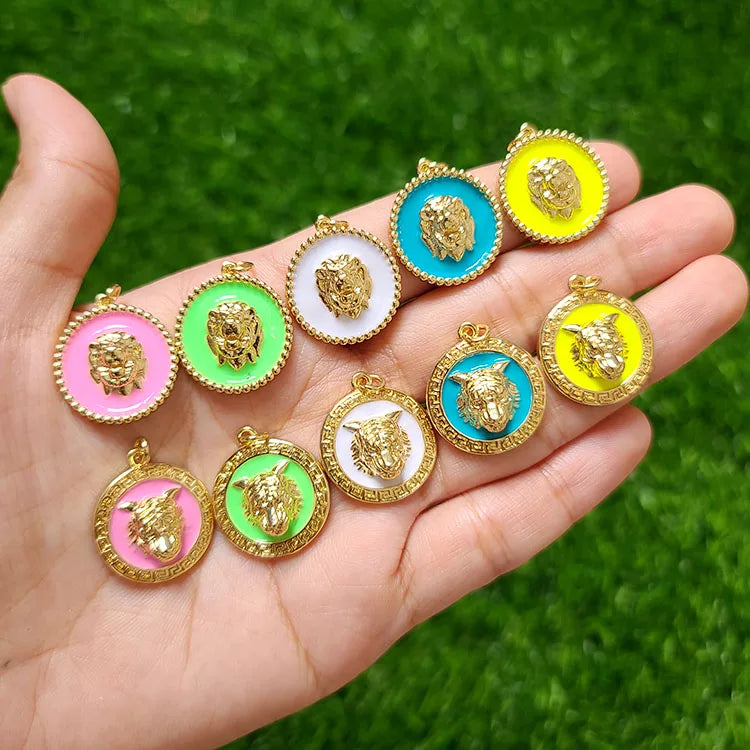 Classic 18K Gold Plated Brass Metal Enamel Colorful Tiger Lion Head Charms Pendant for Women