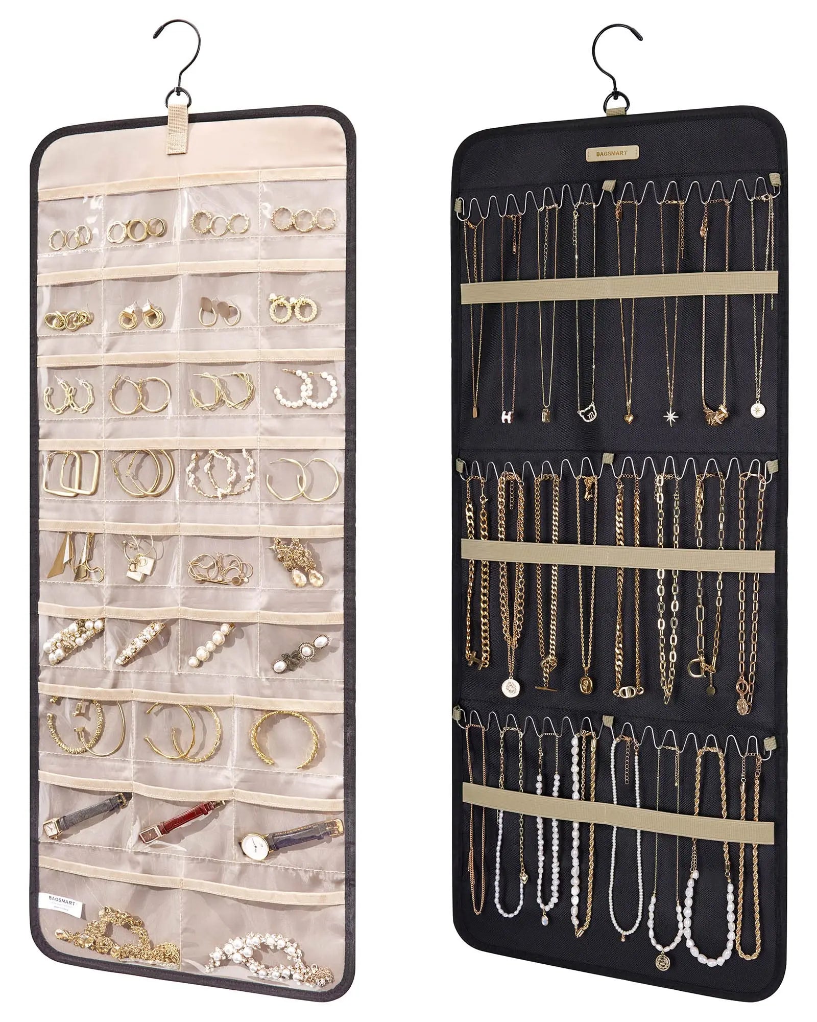 Hot Sale Hanging Jewelry Organizer Storage Roll With Hanger Metal Hooks Double-sided Jewelry Holder for Necklace Earrings Rings