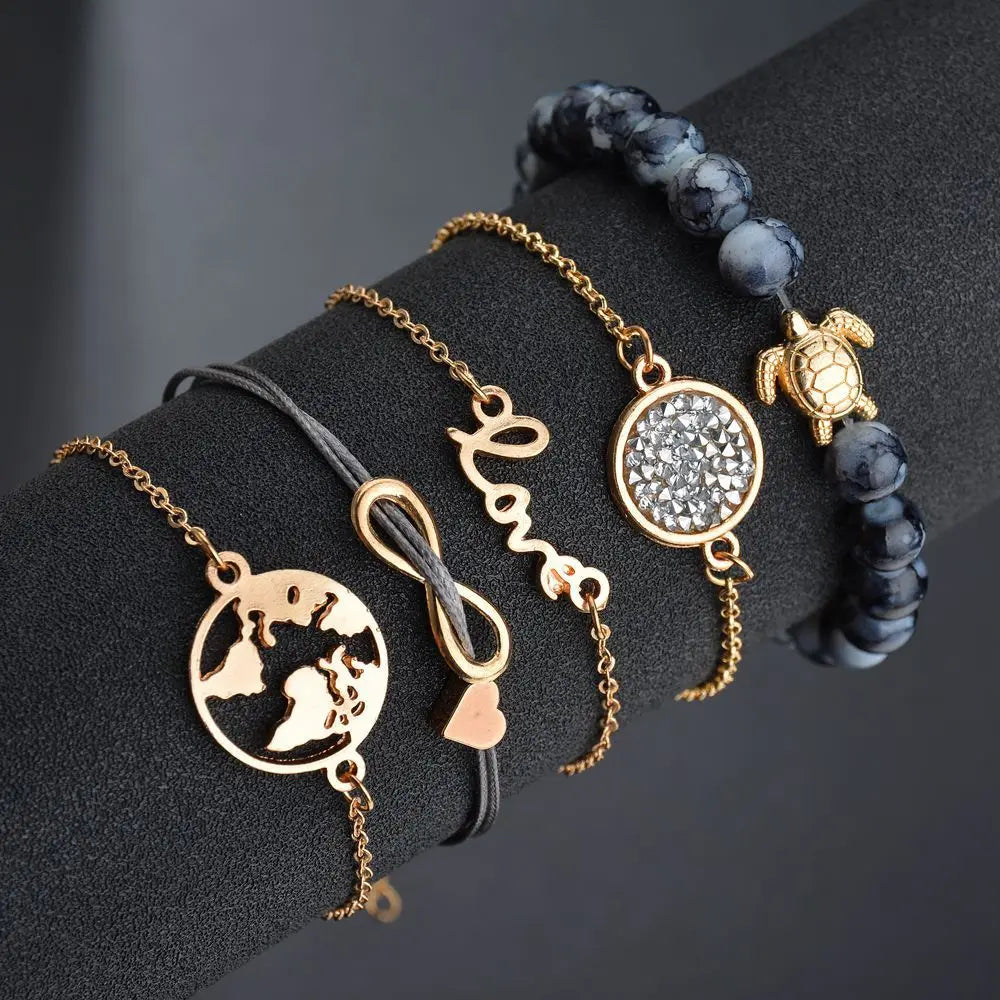 5 Pcs/set Letter Pineapple World Map Bracelet Sea Turtle Grey Beaded Diamond Turquoise Charm Bracelet